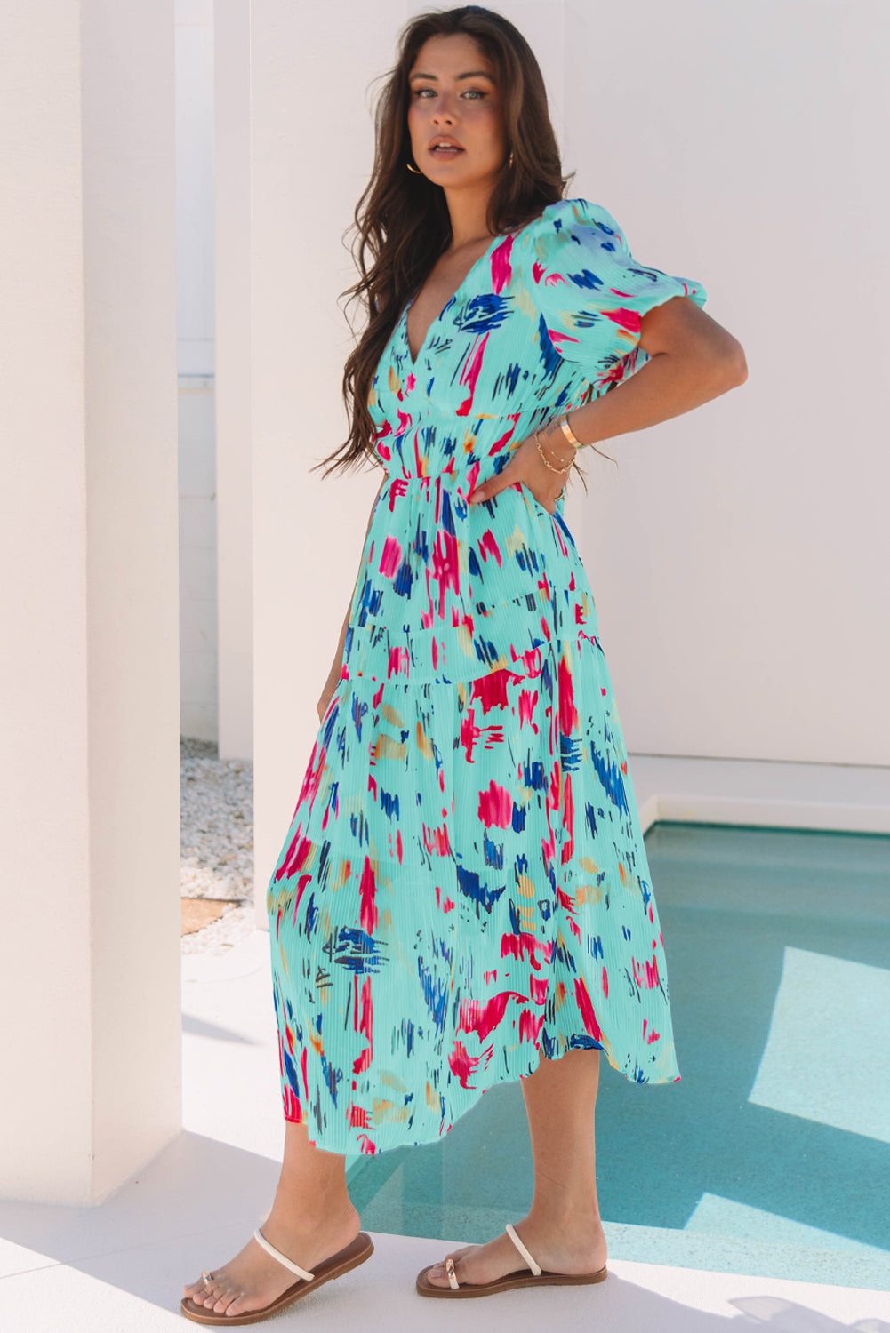 Short Puff Sleeve Tiered Maxi Dress