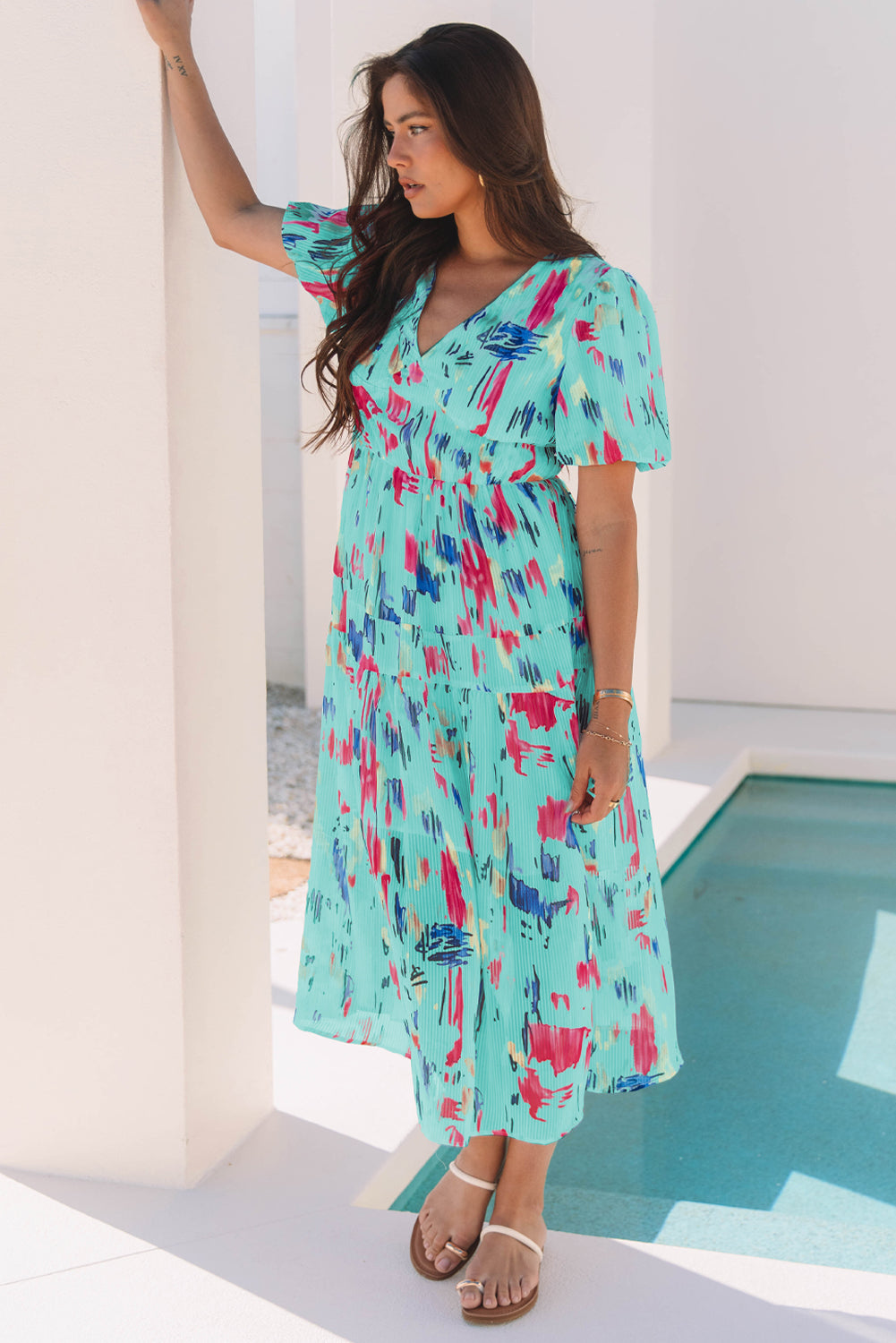Short Puff Sleeve Tiered Maxi Dress