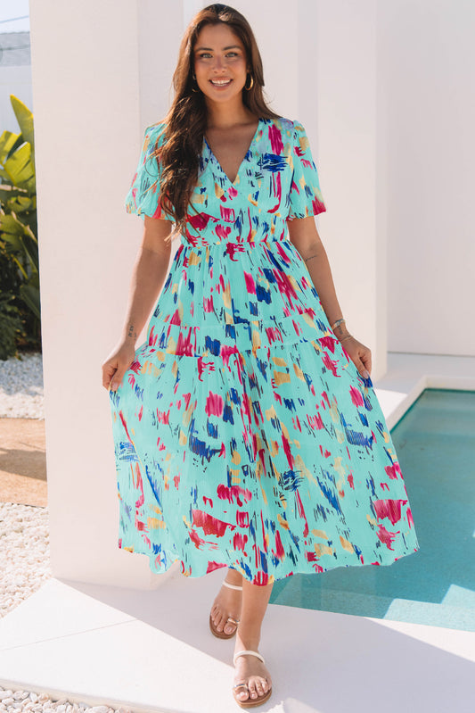 Short Puff Sleeve Tiered Maxi Dress